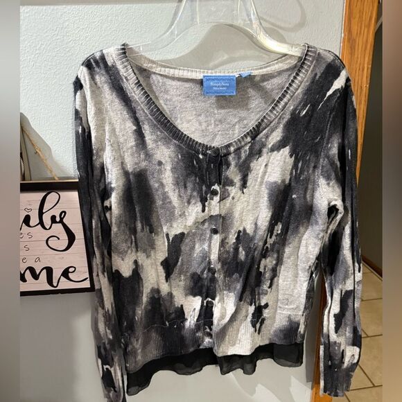 Simply Vera Vera Wang Cardigan Sweater Mesh Bottom Black Grey Multi Petite L - Picture 3 of 11